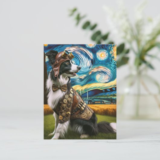Steampunk Border Collie in de Sterrennacht Briefkaart (Staand voorkant)