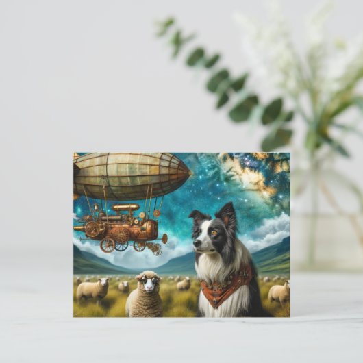 Steampunk Border Collie Met Schaap en Blimp Briefkaart (Staand voorkant)