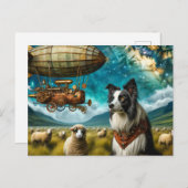 Steampunk Border Collie Met Schaap en Blimp Briefkaart (Voorkant / Achterkant)