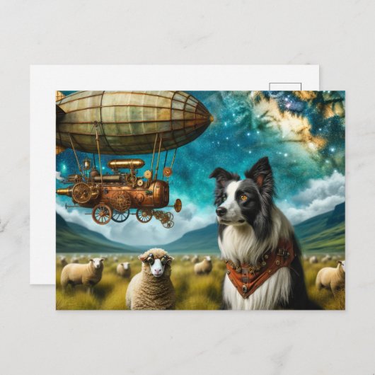 Steampunk Border Collie Met Schaap en Blimp Briefkaart (Voorkant / Achterkant)