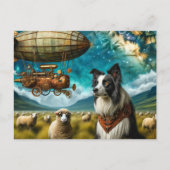 Steampunk Border Collie Met Schaap en Blimp Briefkaart (Voorkant)