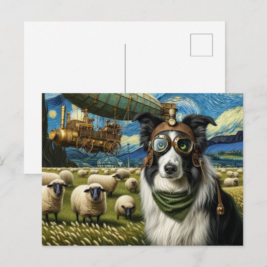 Steampunk Border Collie Met Schapen Briefkaart (Voorkant / Achterkant)