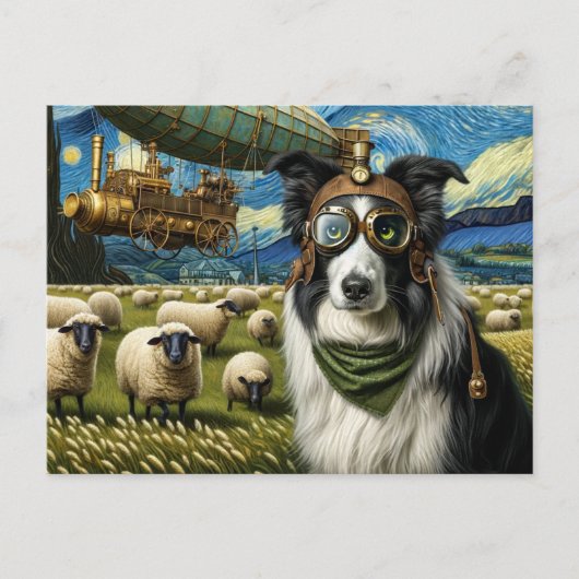 Steampunk Border Collie Met Schapen Briefkaart (Voorkant)
