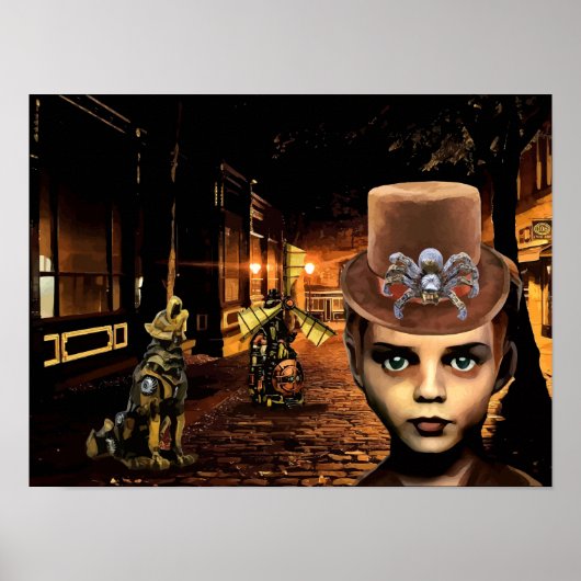 Steampunk Boy en Robot Dog Original Scifi fantasy Poster (Voorkant)
