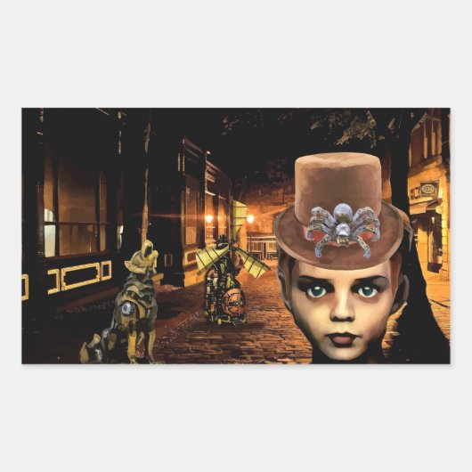 Steampunk Boy en Robot Dog Rechthoekige Sticker (Voorkant)