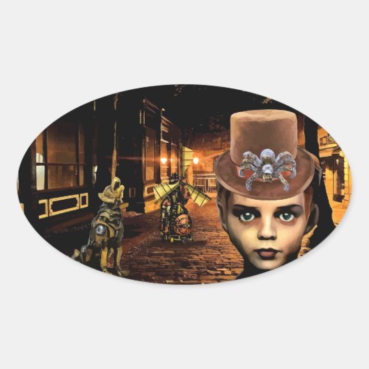 Steampunk Boy en Robot Dog Sci Fi fantasiekunst Ovale Sticker (Voorkant)