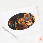 Steampunk Boy en Robot Dog Sci Fi fantasiekunst Ovale Sticker (Envelop)