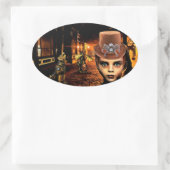 Steampunk Boy en Robot Dog Sci Fi fantasiekunst Ovale Sticker (Tas)