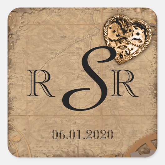 Steampunk Bruid Bruiloft Monogram Vierkante Sticker (Voorkant)