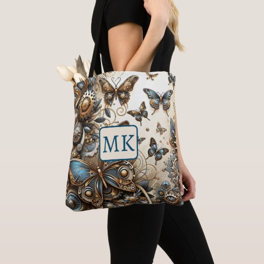 Steampunk Butterflies Monogrammed Tote Bag (Dichtbij)
