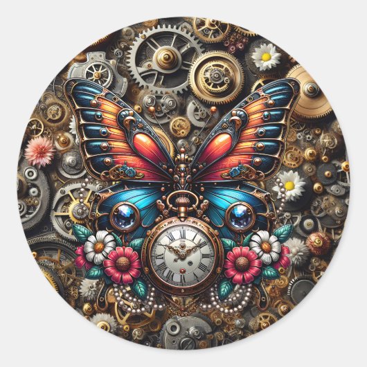 Steampunk Butterfly en Pockletwatch Ronde Sticker (Voorkant)