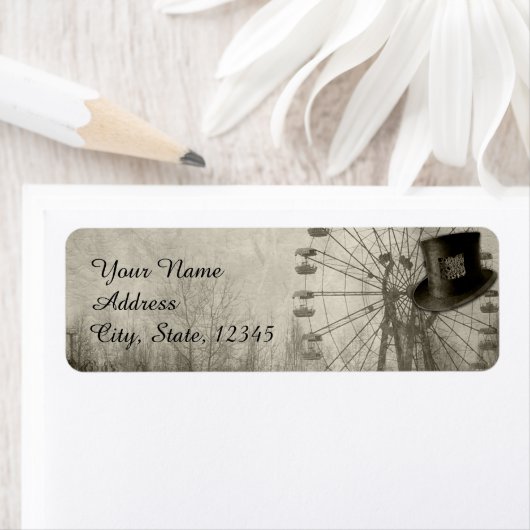 Steampunk Carnaval Top Hoed Bruiloft Label (Insitu)