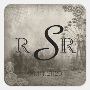 Steampunk Carnaval Top Hoed Bruiloft Monogram Vierkante Sticker