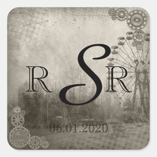 Steampunk Carnaval Top Hoed Bruiloft Monogram Vierkante Sticker (Voorkant)