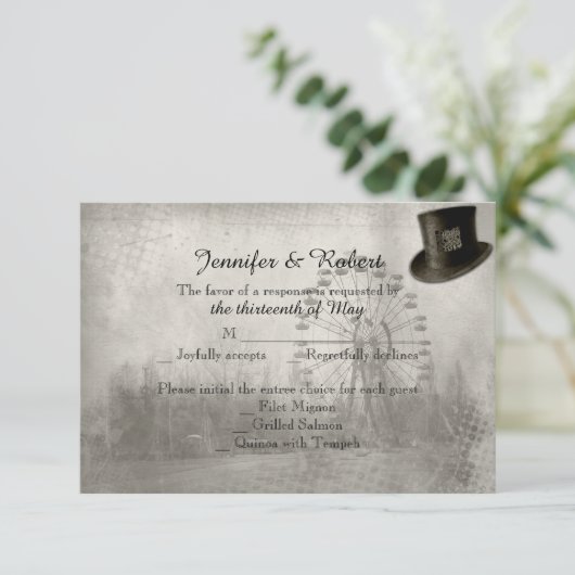 Steampunk Carnival Top Hat Wedding Response Card RSVP Kaartje (Staand voorkant)