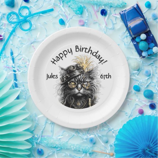 Steampunk Cat Birthday with Name n Age Papieren Bordje (Feest)