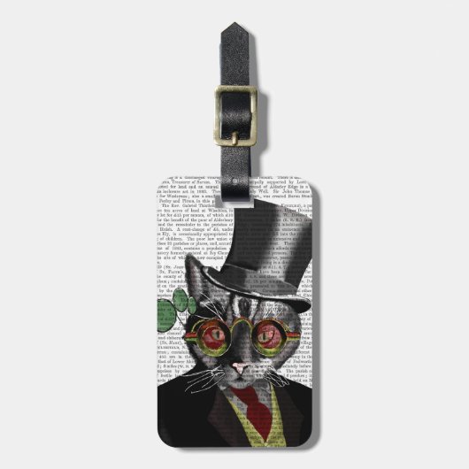 Steampunk Cat - Bovenste hoed en rode gele glazen Bagagelabel (Voorkant verticaal)