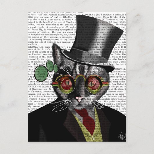 Steampunk Cat - Bovenste hoed en rode gele glazen Briefkaart (Voorkant)