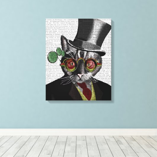 Steampunk Cat - Bovenste hoed en rode gele glazen Canvas Afdruk (Insitu (Houten vloer))