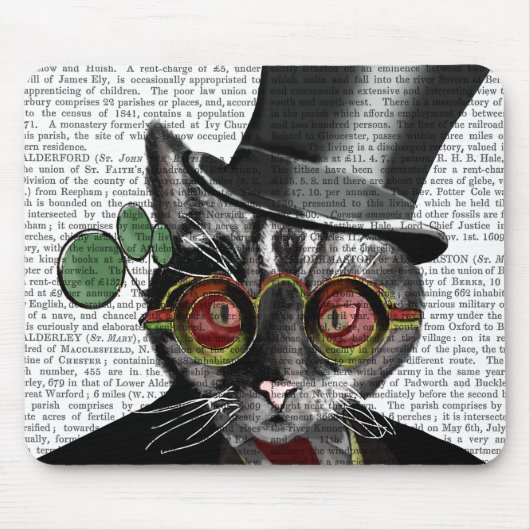 Steampunk Cat - Bovenste hoed en rode gele glazen Muismat (Voorkant)
