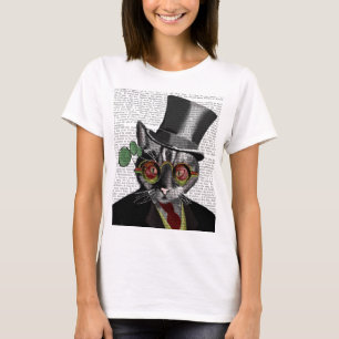 Steampunk Cat - Bovenste hoed en rode gele glazen T-shirt