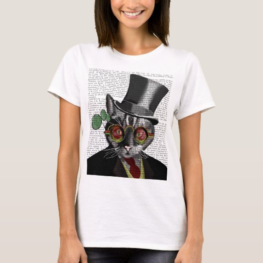 Steampunk Cat - Bovenste hoed en rode gele glazen T-shirt (Voorkant)