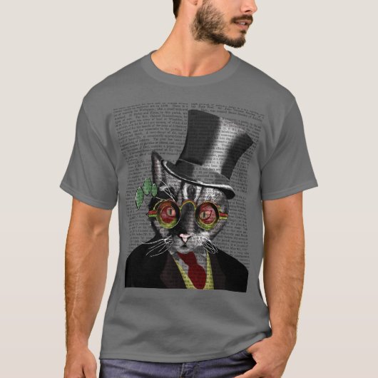 Steampunk Cat - Bovenste hoed en rode gele glazen T-shirt (Voorkant)