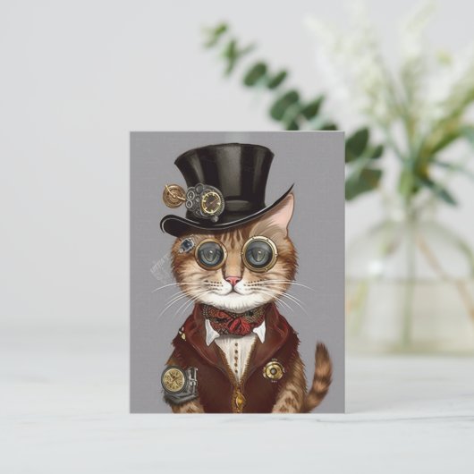 Steampunk Cat Briefkaart (Staand voorkant)