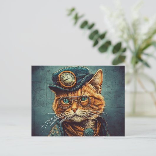 Steampunk Cat Briefkaart (Staand voorkant)