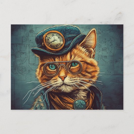 Steampunk Cat Briefkaart (Voorkant)