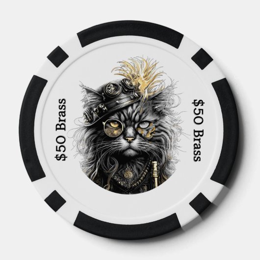  Steampunk Cat Gambles with Brass FUN  Poker Chips (Achterkant)