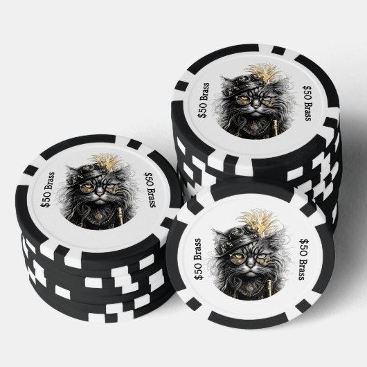 Steampunk Cat Gambles with Brass FUN Poker Chips (Opstapeling)