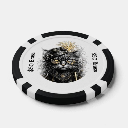 Steampunk Cat Gambles with Brass FUN Poker Chips (Enkel)