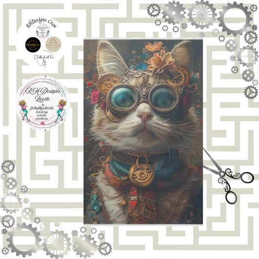 Steampunk Cat Guardian Blauwgroen Sinaasappel Deco Tissuepapier