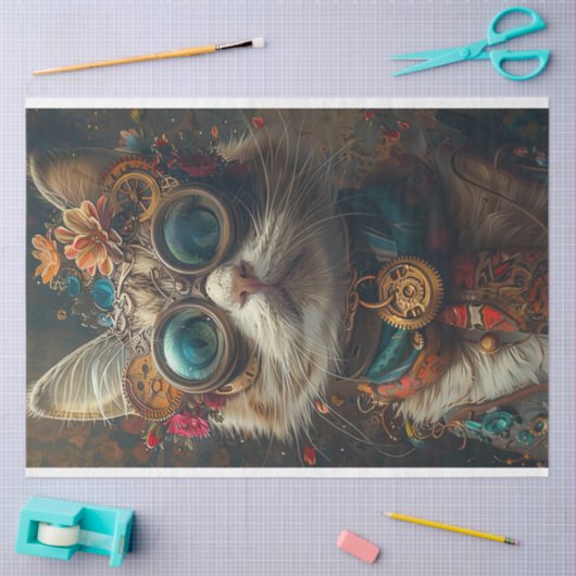 Steampunk Cat Guardian Blauwgroen Sinaasappel Deco Tissuepapier (Craft)