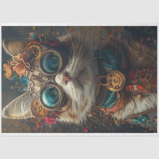 Steampunk Cat Guardian Blauwgroen Sinaasappel Deco Tissuepapier (Voorkant)