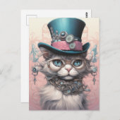 Steampunk Cat in Blue Tophat Briefkaart (Voorkant / Achterkant)