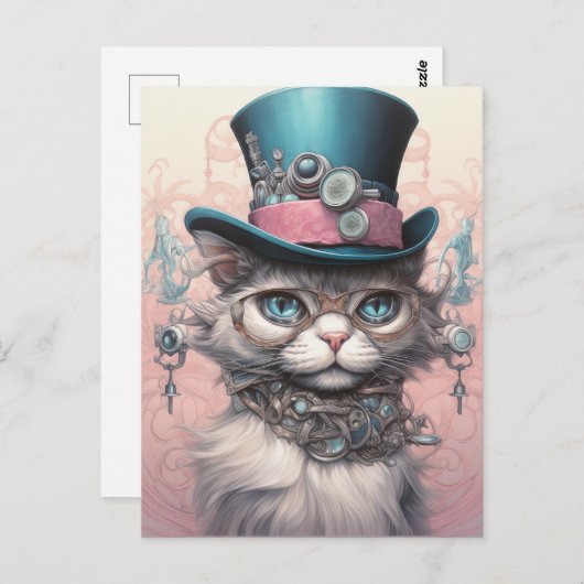  Steampunk Cat in Blue Tophat Briefkaart (Voorkant / Achterkant)