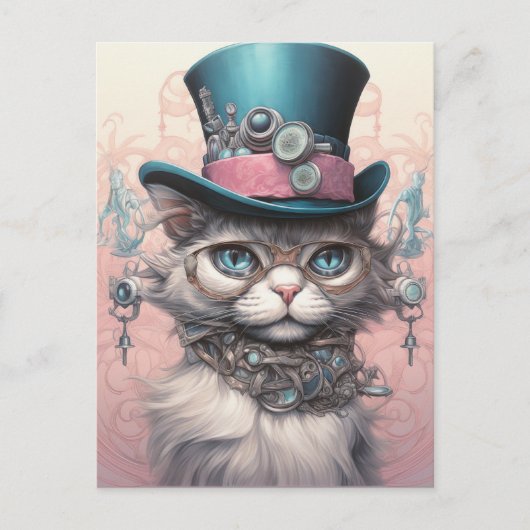 Steampunk Cat in Blue Tophat Briefkaart (Voorkant)