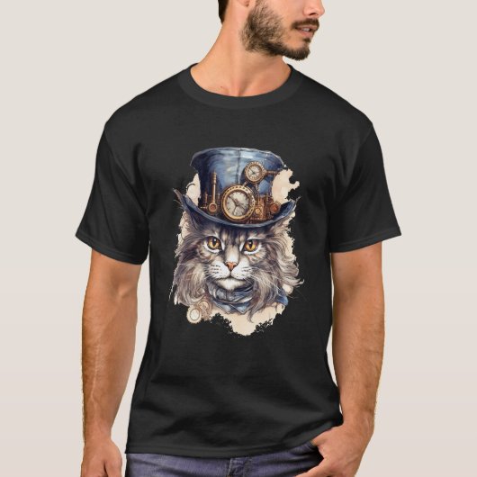 Steampunk Cat met Pet Graphic Design Cat Fantasy T-shirt (Voorkant)
