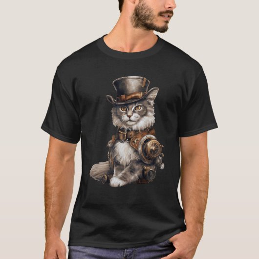 Steampunk Cat met Pet Graphic Design Cat Fantasy T-shirt (Voorkant)