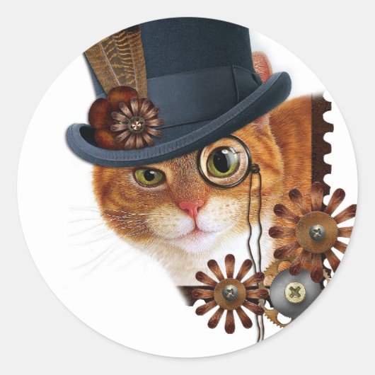 Steampunk Cat Ronde Sticker (Voorkant)