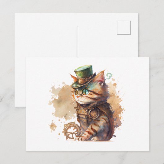 Steampunk Cat Schattig en Cute Briefkaart (Voorkant / Achterkant)