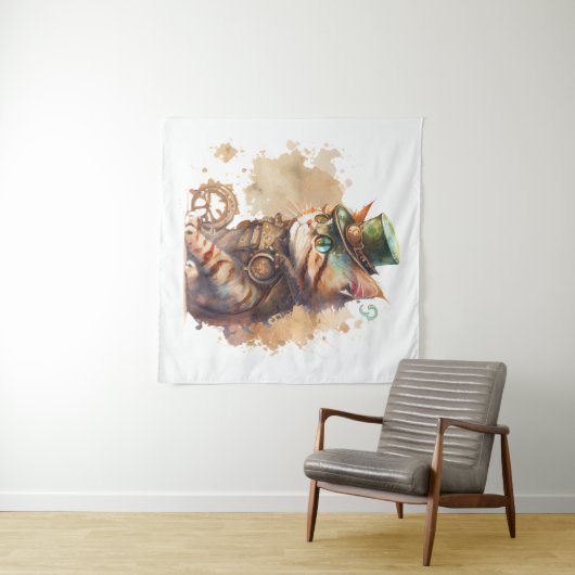 Steampunk Cat Tapestry Wandkleed (In Situ (horizontaal))