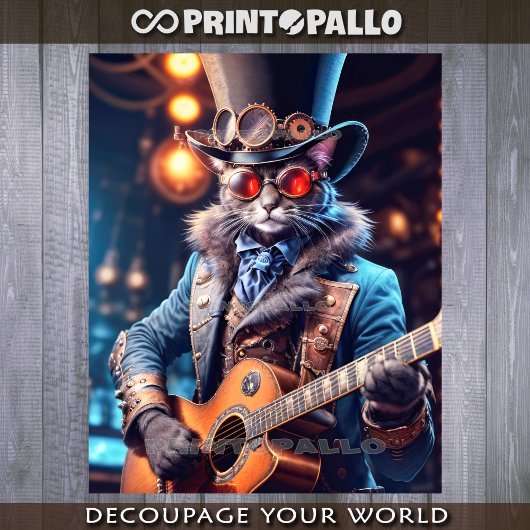 Steampunk cat: top hat, goggle, guitar - Decoupage Inpakpapier Vel