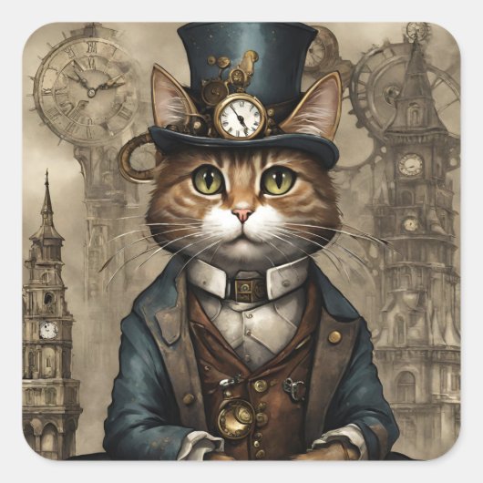 Steampunk Cat Vierkante Sticker (Voorkant)