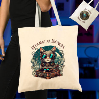 Steampunk Cat Vinyl Record Player Gepersonaliseerd Tote Bag