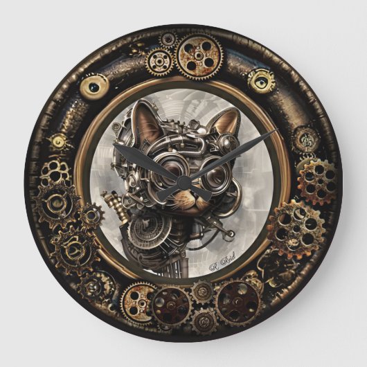 Steampunk Cat Wearing Goggles - WALL CLOCK Grote Klok (Voorkant)