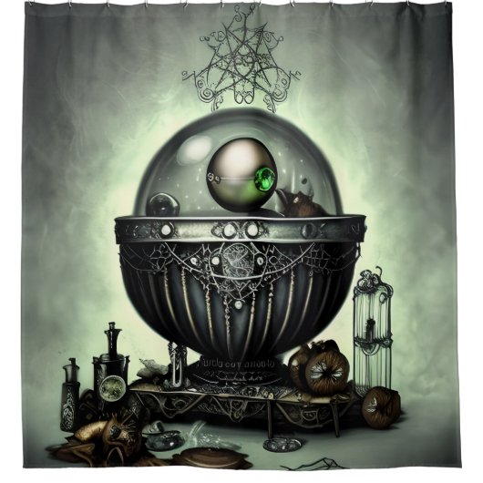 Steampunk  Cauldron en Magische Punten op Groen Douchegordijn (Voorkant)