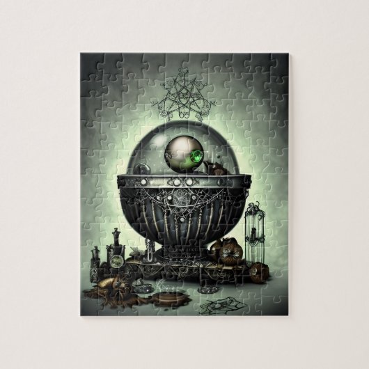 Steampunk Cauldron en Magische Punten op Groen Legpuzzel (Verticaal)